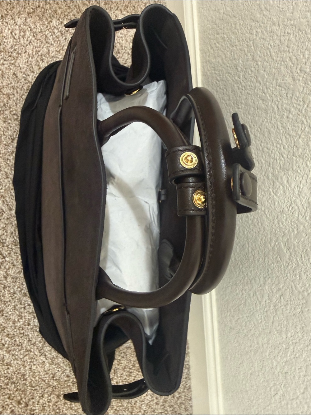DeMellier Large The Hudson Dark Chocolate Suede Leather Tote Gold Hardware NWT - Picture 3 of 4